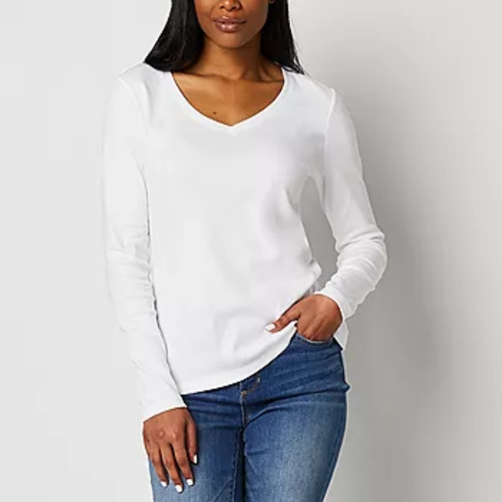 NWT - St. John's Bay Cotton White Long Sleeve V Neck Tee - Size XXL